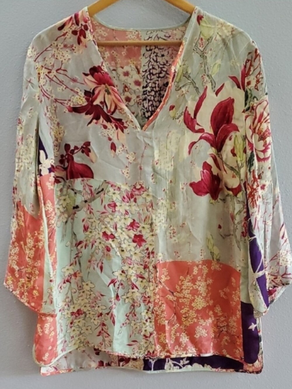 Etro Floral Patchwork V-Neck Tunic - Coral, Pink & Purple